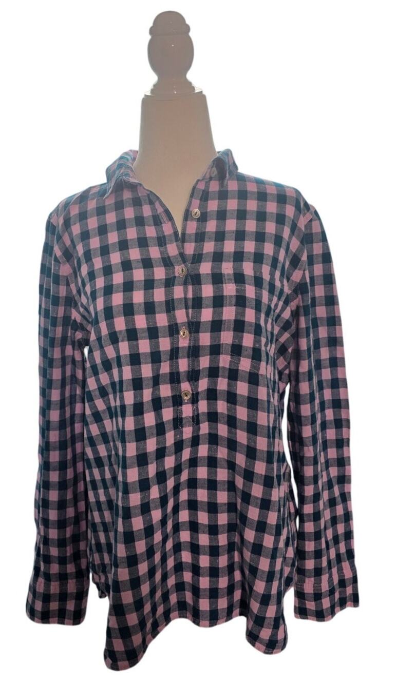 J.Crew Navy Pink Gingham Popover Blouse Womens 4 Check Plaid Preppy Cotton Top